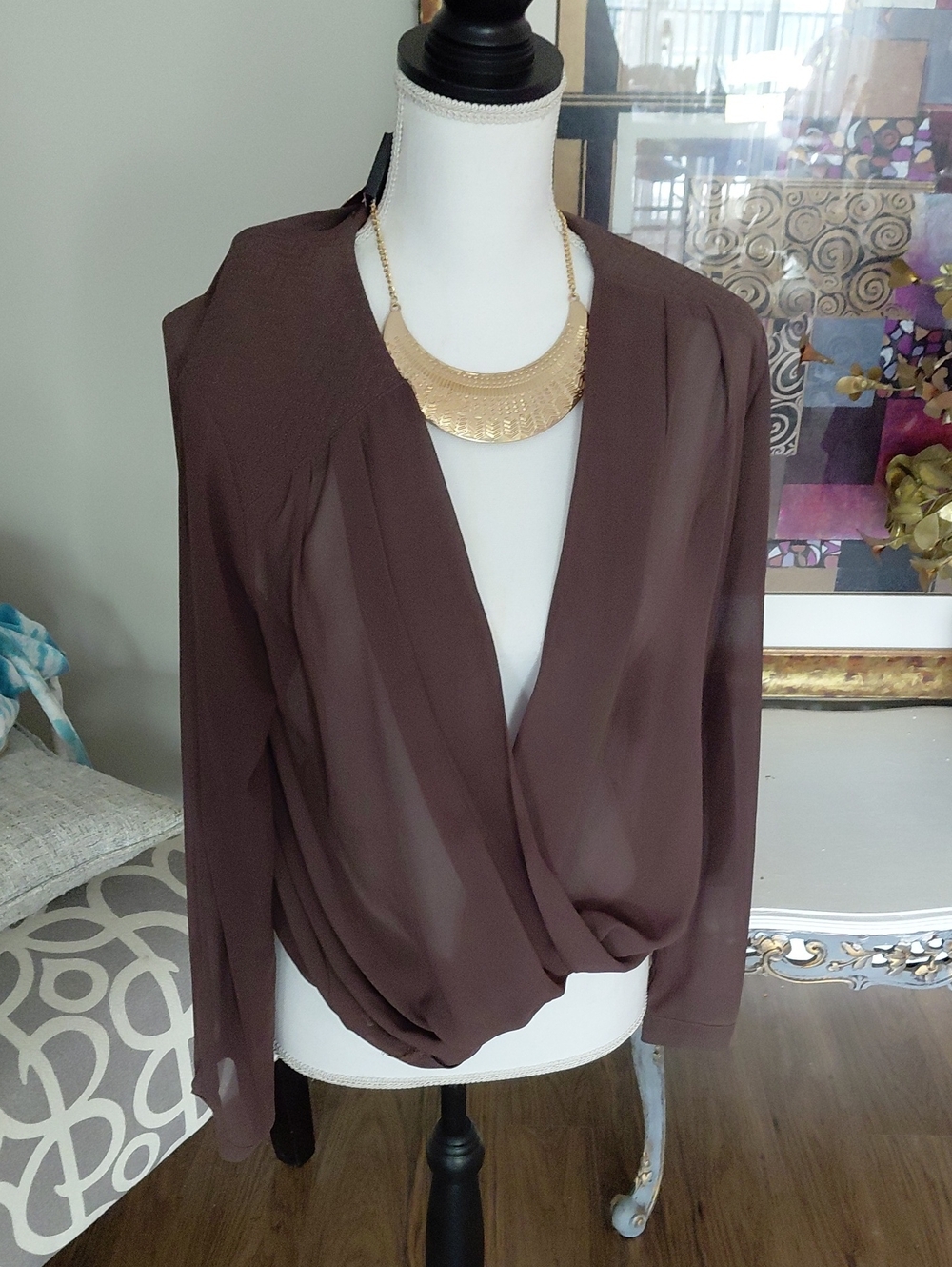 Brown Draped Surplice Blouse with Long Sleeves